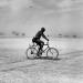 A man disguised on a bicycle in the black rock desert during a sand storm