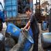 Un ouvrier nettoie des bidons qui servent à ramasser les huîtres dans le port de Shenzhen.