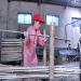 Une ouvrière coupent des lamelles de bambou dans une usine qui fabrique des baguettes jetables pour la restauration dans la province du Zeijiang.