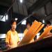 Des ouvrières vérifient sous la lumière du plancher fabriqué en bambou dans une grosse usine de bambou dans la province de Zhejiang.